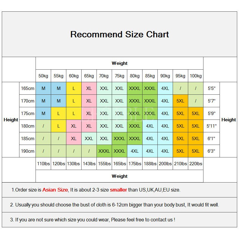 Asian size chart for Legible Summer Pants for men, indicating height and weight measurements from 50kg to 100kg and 165cm to 190cm, with sizes ranging from M to 6XL.