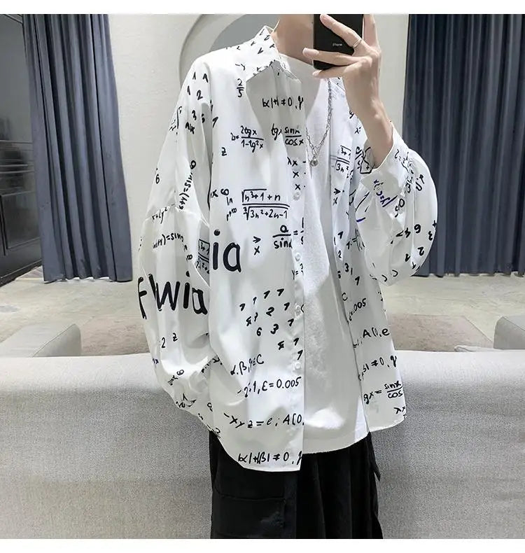 2023 New Spring and Autumn Trend Hong Kong Style Japanese Casual Loose and Luxury Korean Edition Simple Printed Men's Shirt