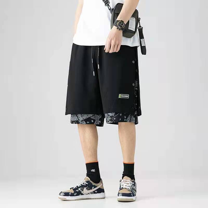 Men's printed summer casual sports basketball shorts, knee-length, punk style streetwear, baggy fit, thin polyester.