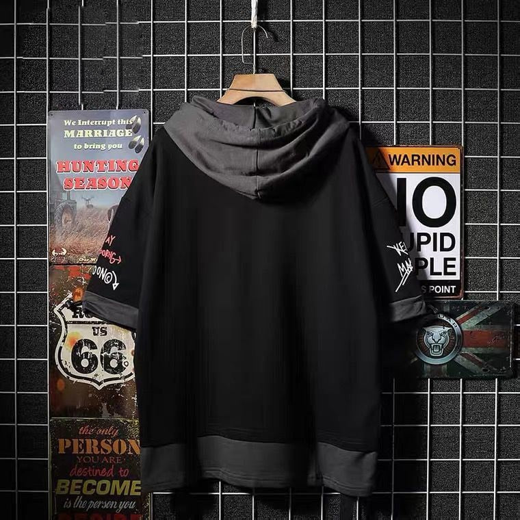 Fashion graffiti men's hoodie with letter print, short sleeves, casual streetwear style for summer, techwear-inspired design.