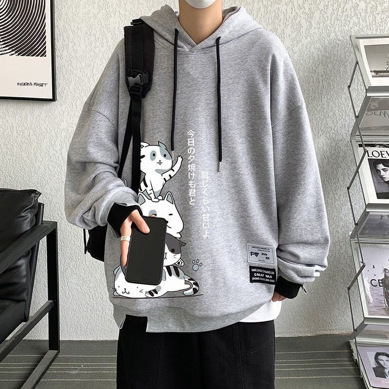 Men's cartoon anime cat sweatshirt with foam print, couple hoodie, loose Japanese Harajuku style, long sleeve pullover.