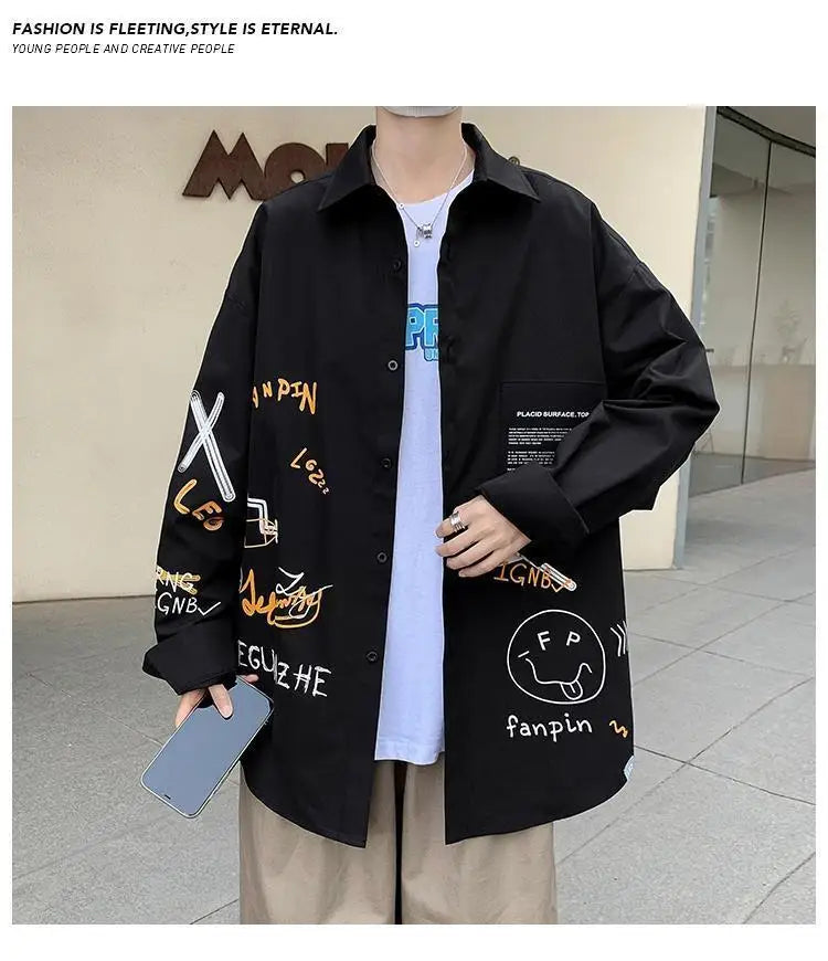 Spring Autumn New Print Graffiti Casual Loose Blouse Man Long Sleeve Korean Style Harajuku Streetwear Shirt Male Fashion Clothes