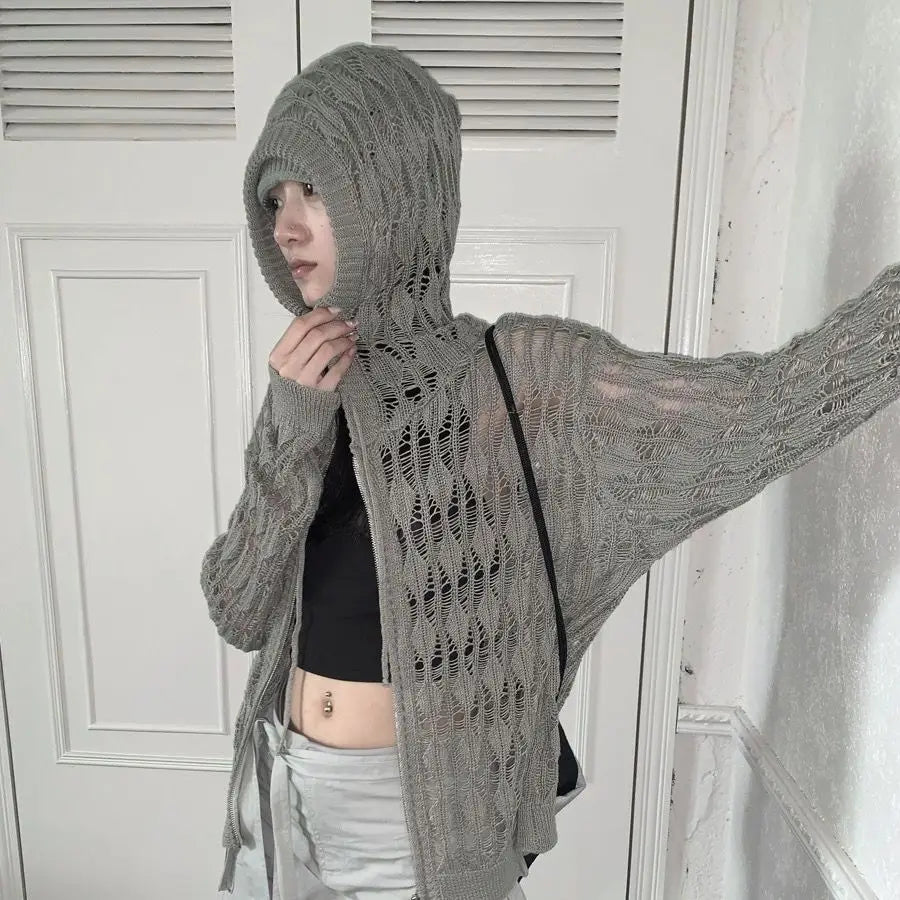 Deeptown Harajuku Zip Up Hooded Cardigan Women Japanese Y2k Style Hollow Crop Sweater Vintage Gray Thin Knitted Long Sleev Tops