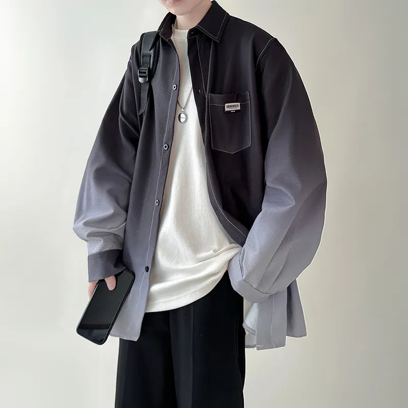 Men's gradient plicated long sleeve loose Korean shirt, casual oversize fashion coat.