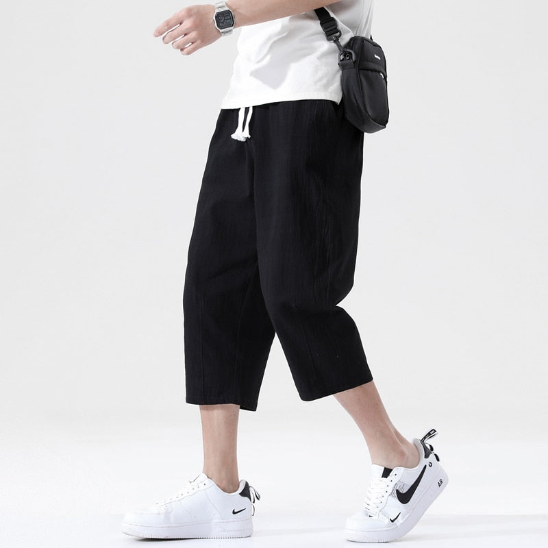 Men's loose linen pants, Korean style, cotton and linen blend, mid-waist, drawstring closure, summer casual wear.