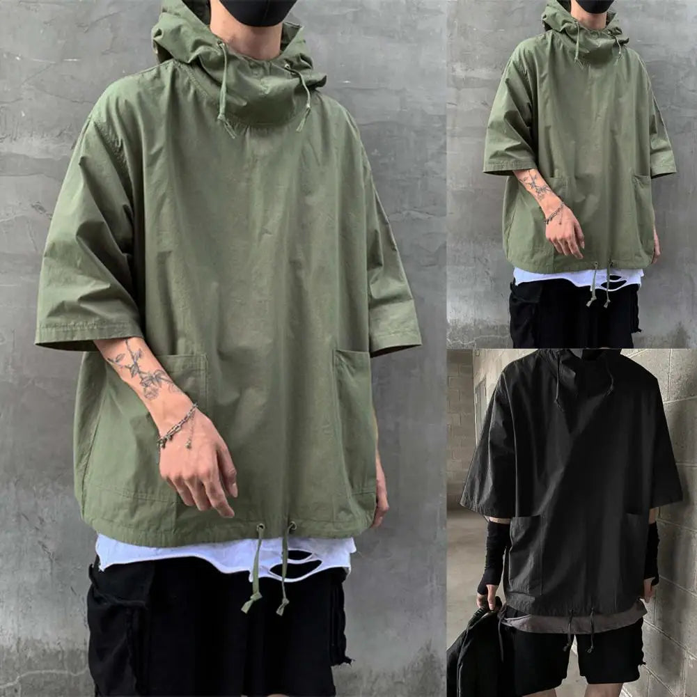 Hooded Cargo T-Shirt Hip Hop Techwear Loose Half Sleeve Men Pullover Pocket T-shirt Hooded Jacket Sweatshirts футболка мужская