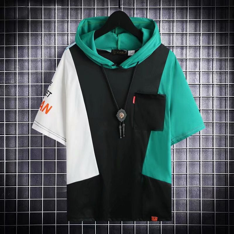 Oversized hooded patchwork T-shirt with short sleeves for men's casual sports and fitness.