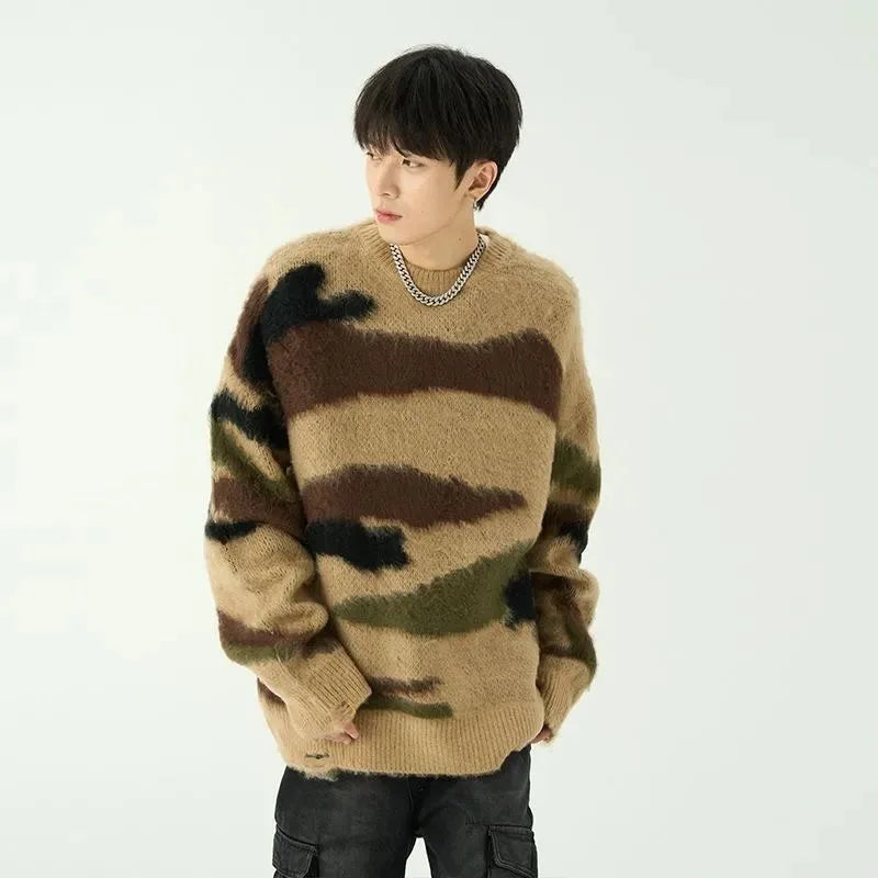 New Popular Autumn Winter Irregular Jacquard Pattern Pullover Sweater Casual Round Neck Contrast Color Knitted Men's Pullover