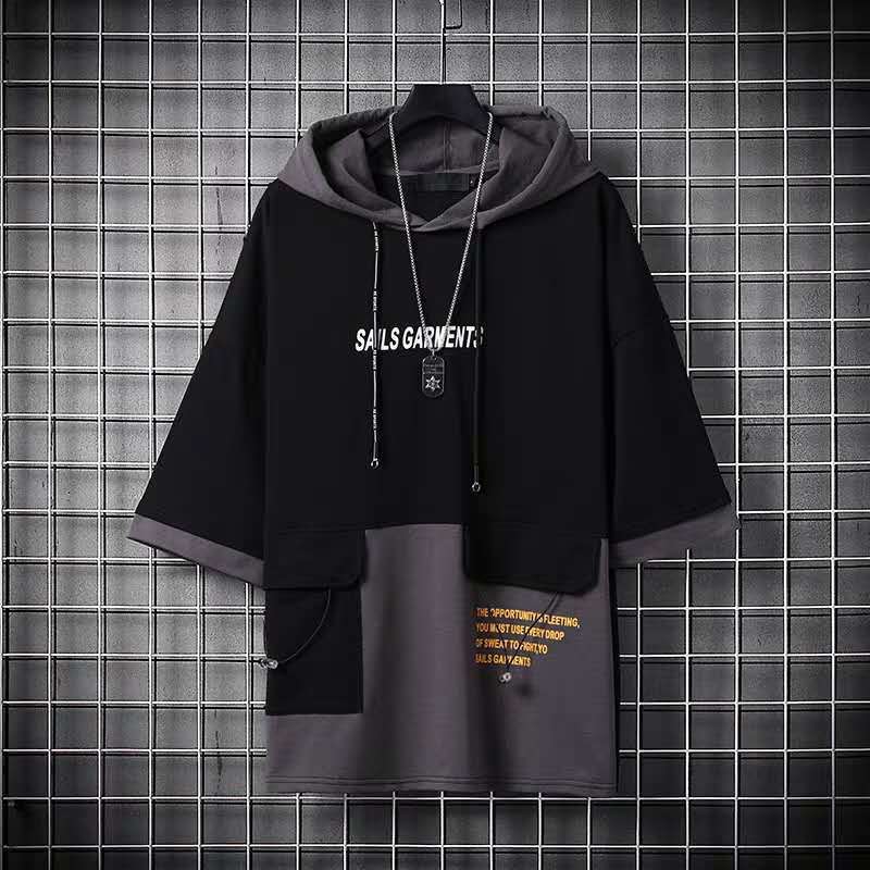 Oversized short sleeve hooded t-shirt in black and gray with patchwork design, ideal for casual sports fitness.