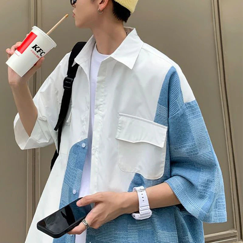 Summer New Turn Down Collar Patchwork Shirt Hombre Loose Casual Trend Fashion Buttons Blouse Male Harajuku Y2K Cardigan Top Men