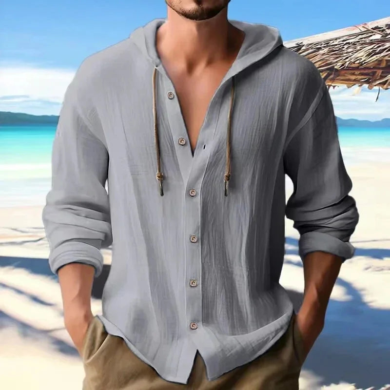 Summer men's linen shirt with solid streetwear style, long sleeves, and a hooded cardigan design, perfect for casual occasions.