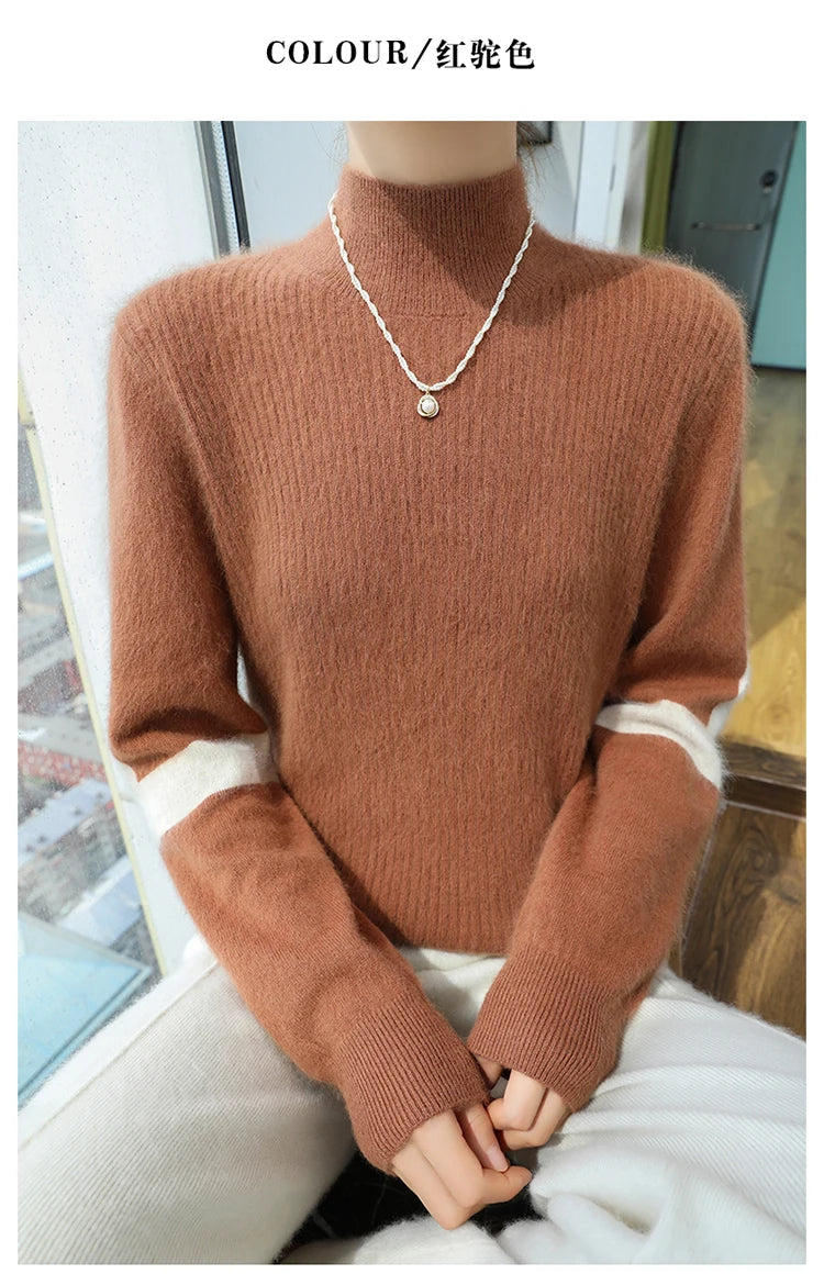 2024 Winter Ladies Turtleneck Mink Cashmere Sweater Women's Patchwork Color Base Knitwear Exquisite Super Warm Long Sleeve Top