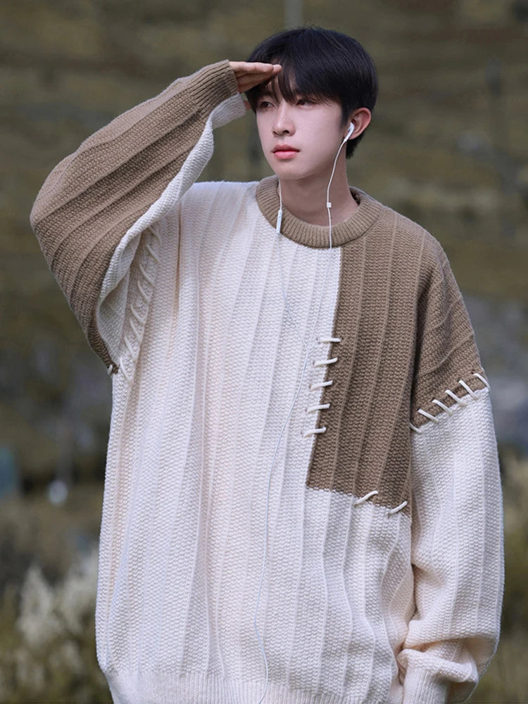 HOUZHOU Knitted Sweater Men Pullover Oversize Sweaters Male Winter Harajuku Casual Streetwear Patchwear Autumn Hip Hop Spliced