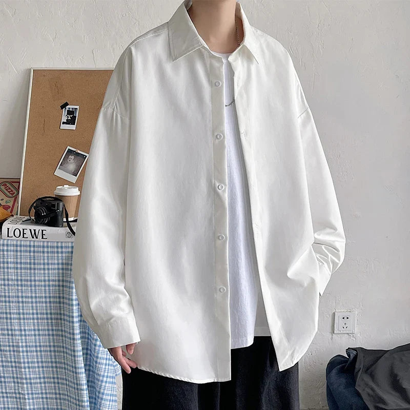 LAPPSTER-Youth Korean fashion white oversized long sleeve shirt for men, Harajuku style, 2023.