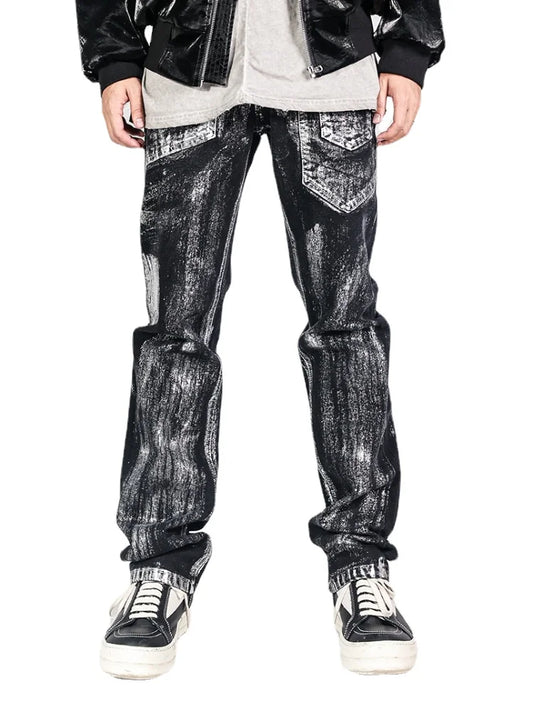 Wasteland Style Hand-Brushed Wax Coating Deconstruction Washed Distressed Jeans Vintage Vibe Techwear Men's Trousers Pants