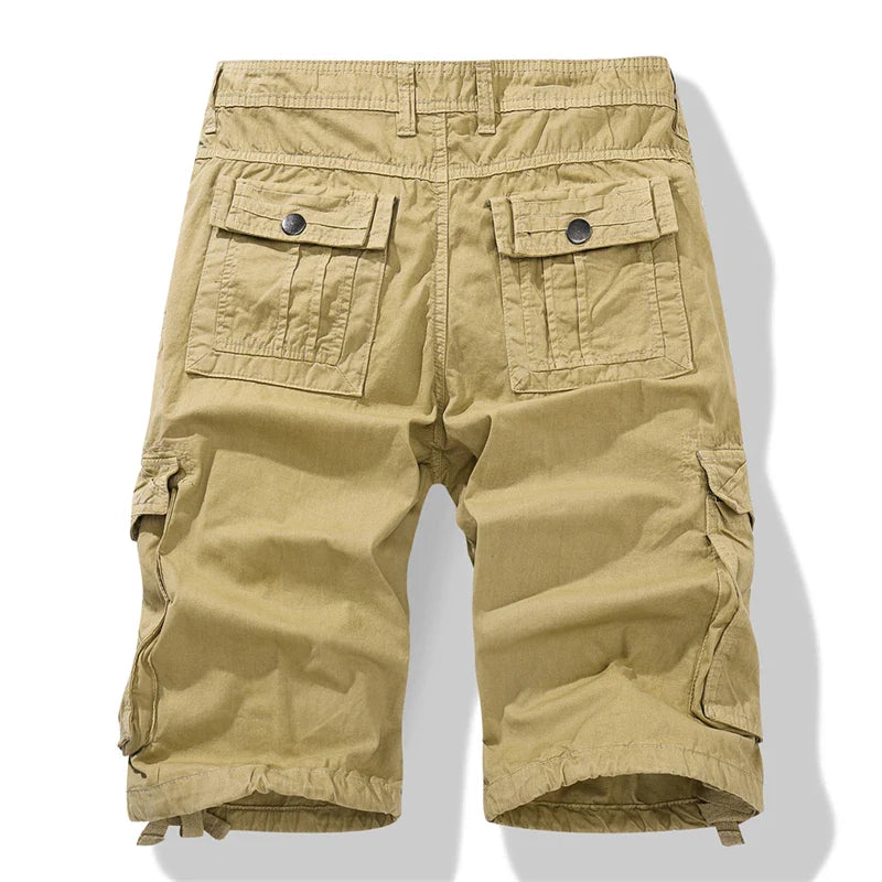 2024 Men's Casual Green Black Military Cargo Shorts, Knee-Length, Cotton, Mid Waist, with Pockets.