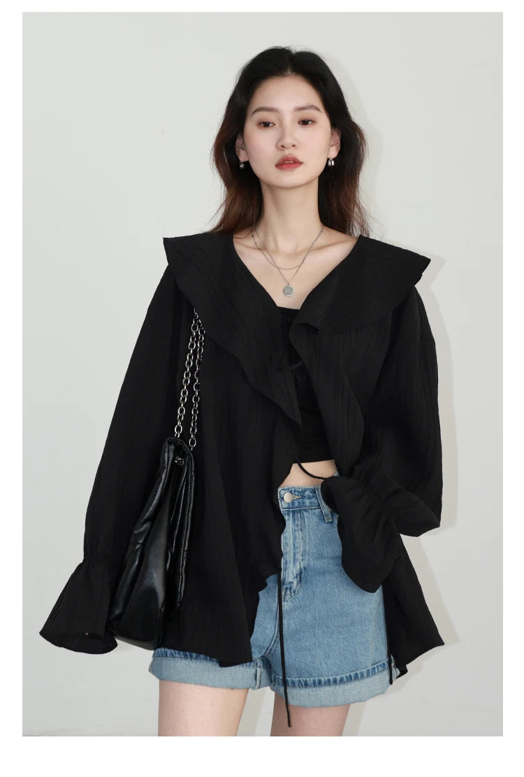 CHIC VEN Women Shirt Loose Casual Ruffled Edges Female Blouses V Neck Lace Up Mid Length Woman Shirts Spring Summer 2024