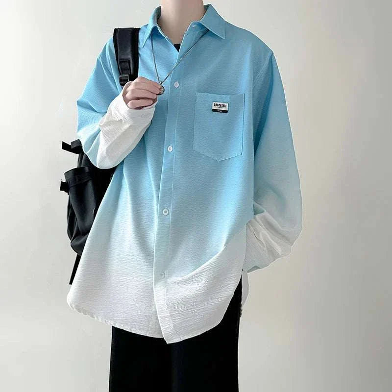 Men's gradient plicated long sleeve loose Korean casual oversize shirt in blue and white, featuring a turn-down collar and single-breasted closure.