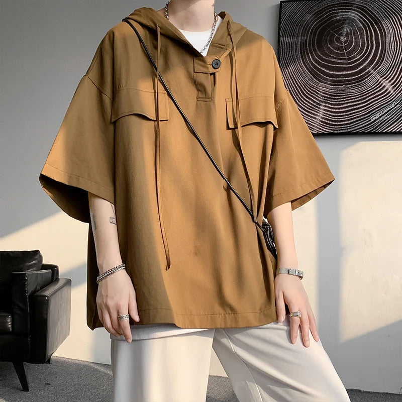 5 Colors Summer Hooded T shirt Men Korean Half Sleeve Pullover Streetwear Loose T-shirt Tops Drawstring Men Clothing 5XL-M