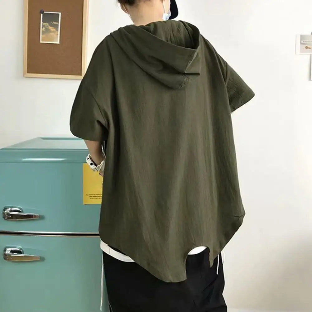 Men Short Sleeve Hoodie Sweatshirt Solid Loose Zipper Fashion Zip Up Pocket Hip Hop Harajuku Hooded Summer Sweatshirts Pullover