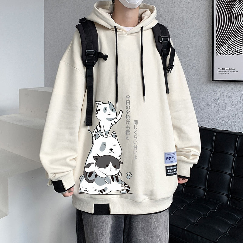 Men's anime cat sweatshirt with foam print, loose fit Harajuku style hoodie.