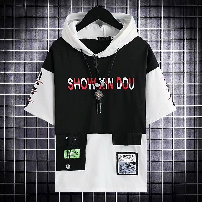 Men's oversized hooded short sleeve patchwork T-shirt with print design, ideal for casual sports fitness.