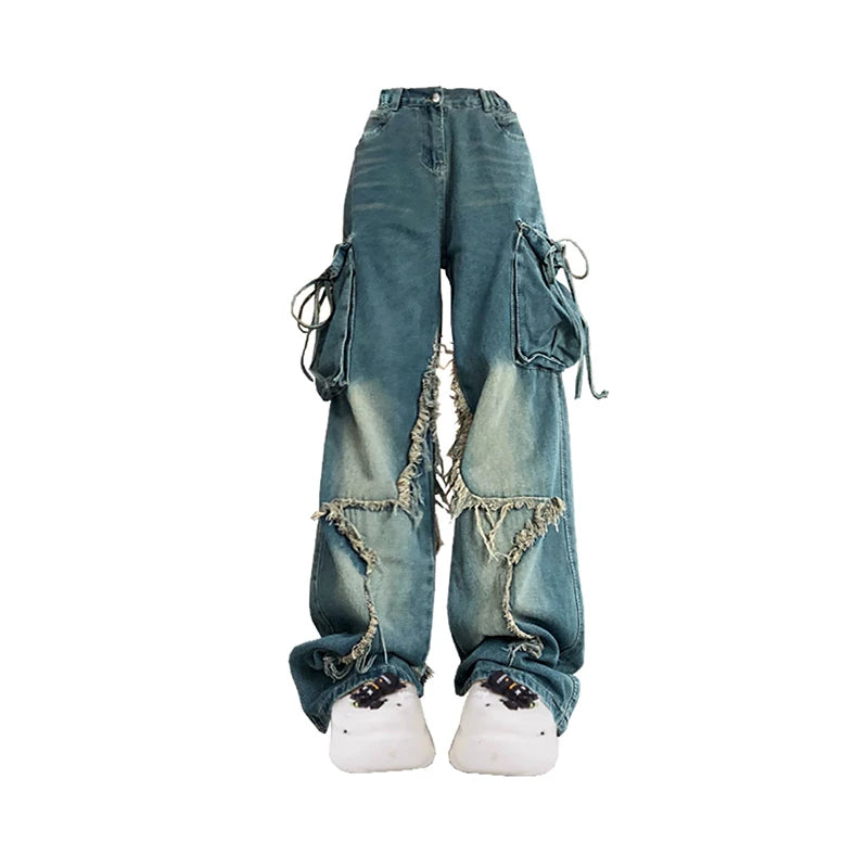 Women Blue Cargo Jeans Baggy Vintage 90s Aesthetic High Waist Cowboy Pants Harajuku Denim Trousers Y2k Trashy 2000s Clothes 2024