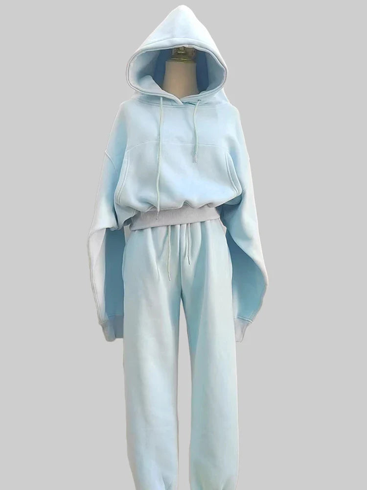 Women's fleece hoodie and sweatpants set, casual solid color tracksuit for winter and spring activities.