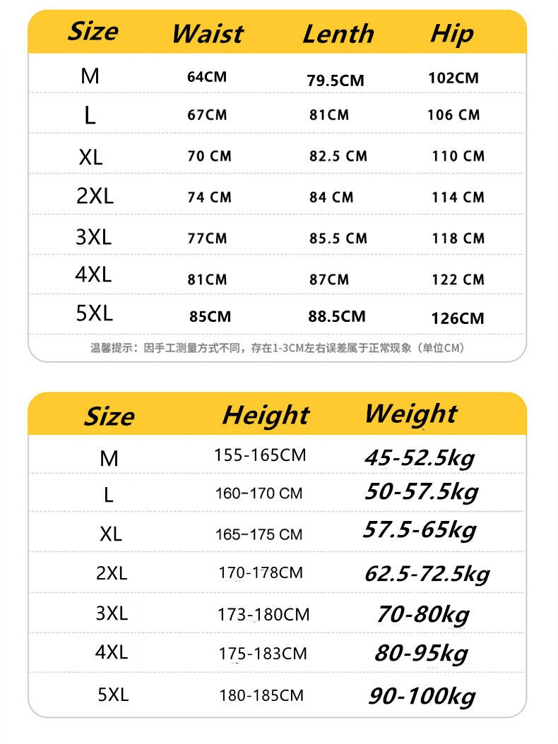 Size chart for men's linen pants, listing waist, length, hip measurements, and corresponding height and weight ranges.