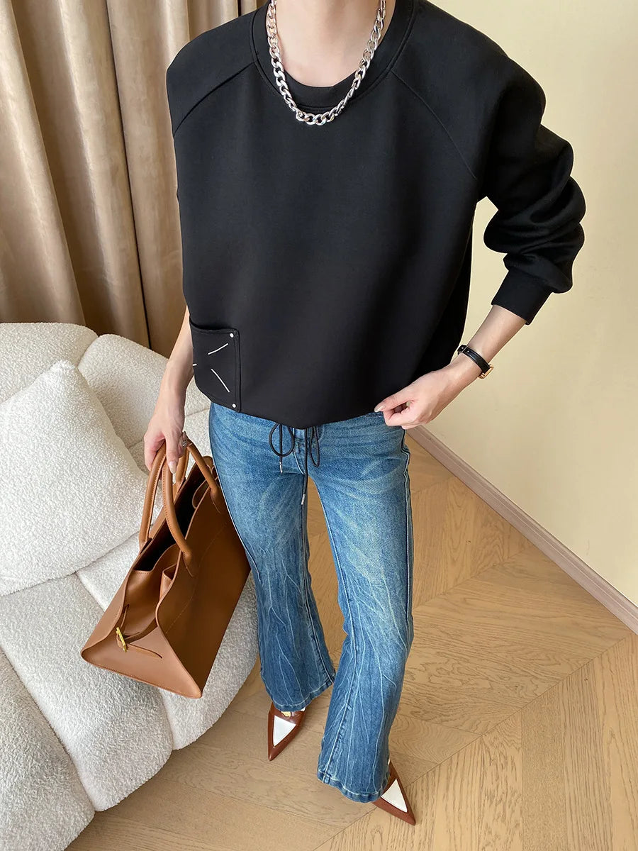 [LANMREM] Embroidered Design Pullover Sweatshirt Women Solid Round Neck Long Sleeve Casual Loose Tops 2024 Spring New 26D6445