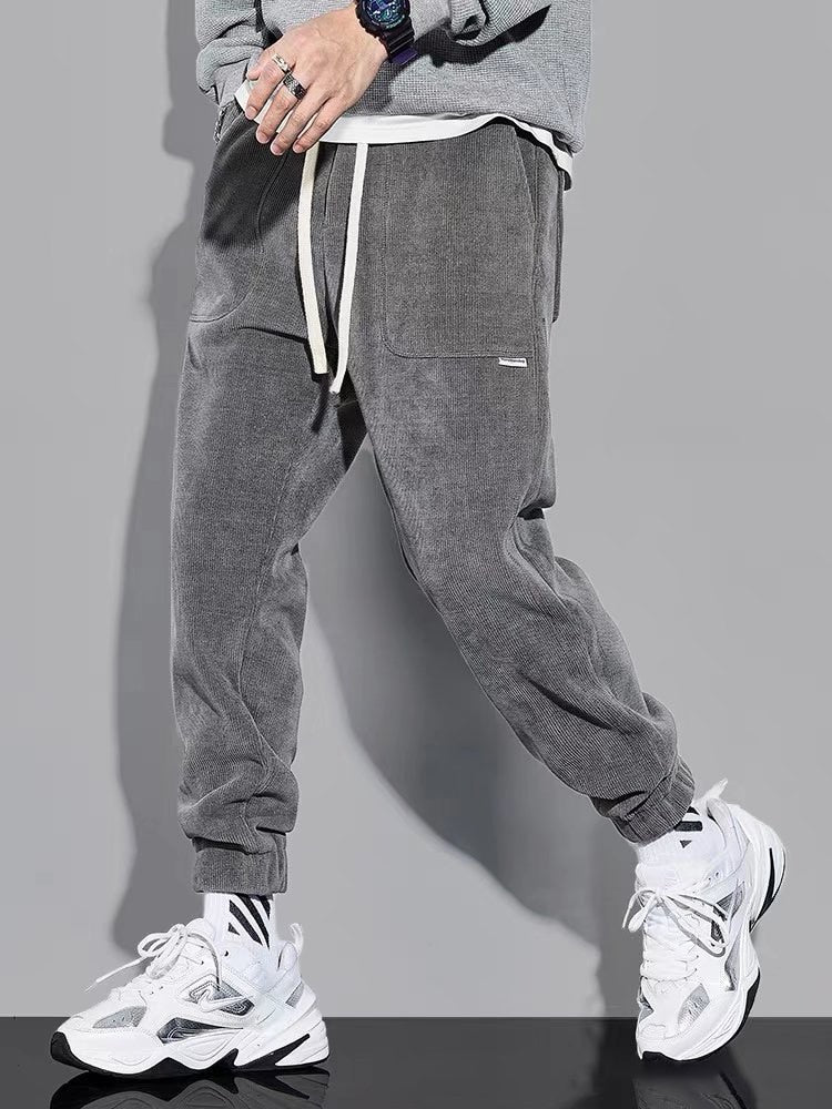 URSPORTTECH gray jogger cargo pants for men, hip hop streetwear style, midweight with drawstring closure.