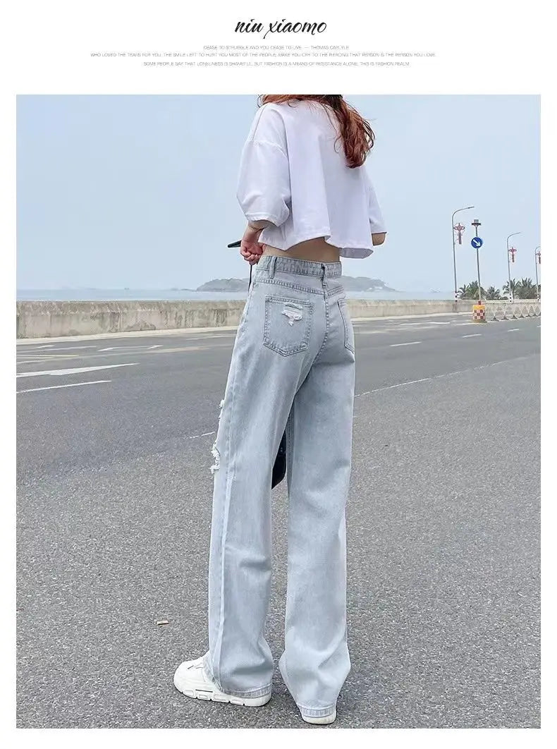 Pierced High Waist Jeans Women's Spring and Summer Thin Straight Tube Loose 2022 New Fashion Casual Thin Wide Leg Pants