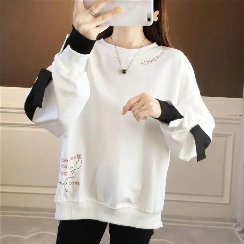 Autumn 2024 New Casual Patchwork Fake Two Pieces Sweatshirts Femme Simplicity Loose Irregular Pullover T-Shirts Women Clothing