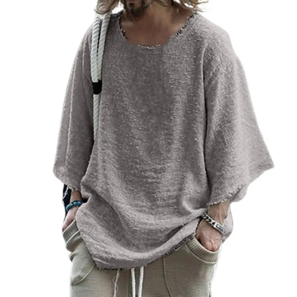 Men's deep O-neck linen shirt in solid color, casual style, loose fit, and patchwork design, ideal for summer 2024.