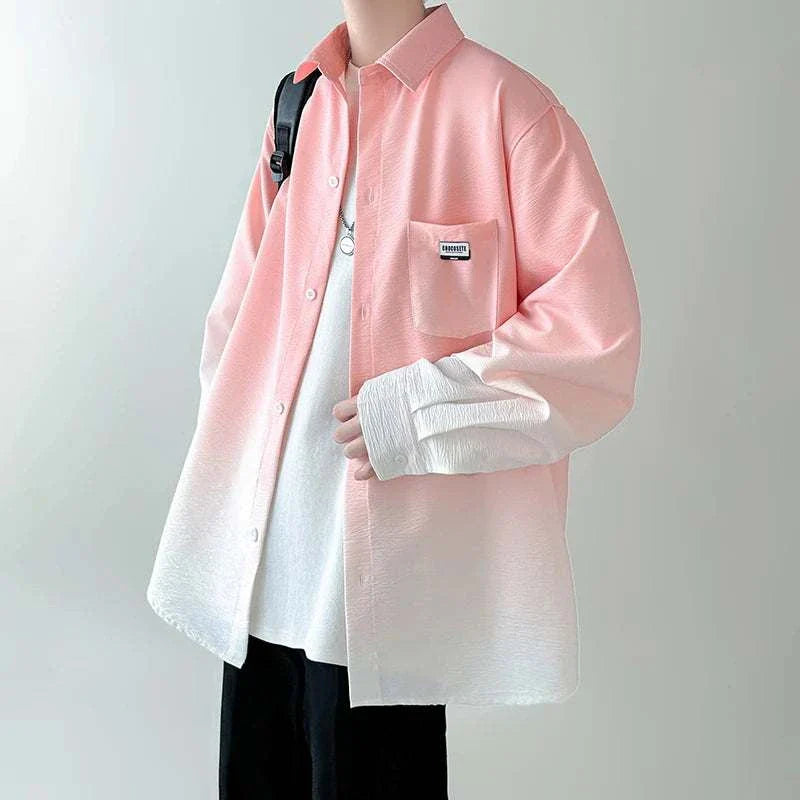 Men's gradient plicated long sleeve loose Korean fashion oversize shirt.