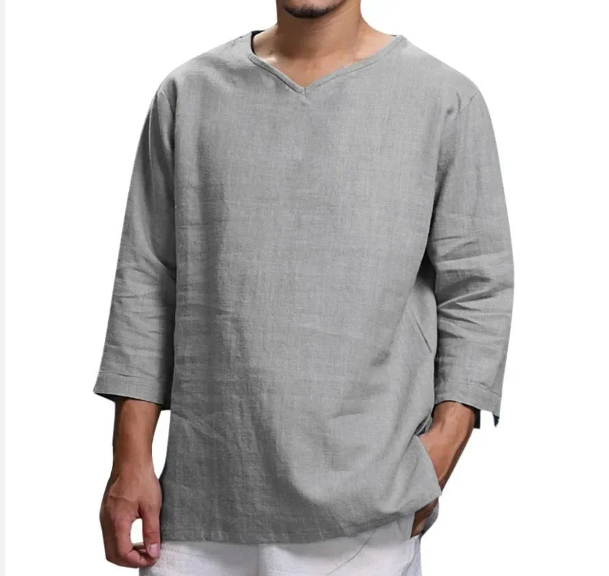 Cotton linen men's long-sleeved shirt, solid color, stand-up collar, casual beach style.