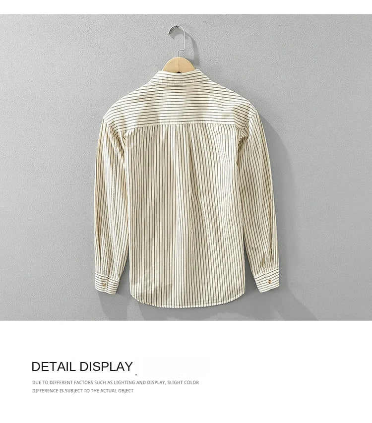 2024 Spring New 100% Cotton Simple Striped Long Sleeve Shirts for Men Clothing Solid Color Loose Soft White Shirt CM6968