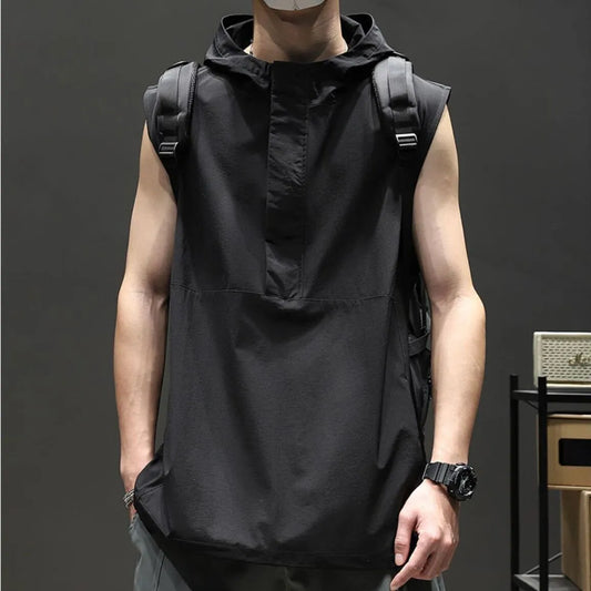 Men's hooded loose sleeveless black tank top for sports fitness.