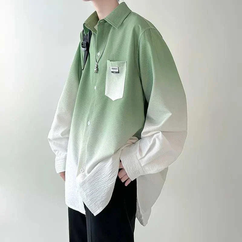 Men's gradient plicated loose long sleeve Korean shirt, casual oversize design.