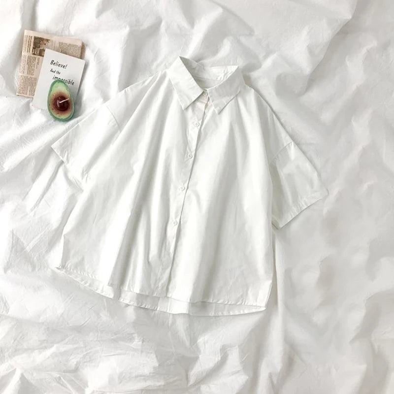 ZOKI White Shirts Women Fashion Black Tie Japan Style Preppy Students JK Girls Blouse Simple Solid Loose Summer Button Up Tops