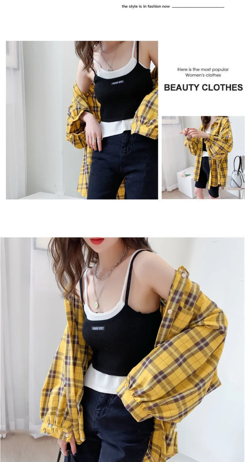 JMPRS Fashion Plaid Women Shirt Fashion Korean Oversize Tops Harajuku Daily All-match Long Sleeve Chic Female Yellow Shirts New