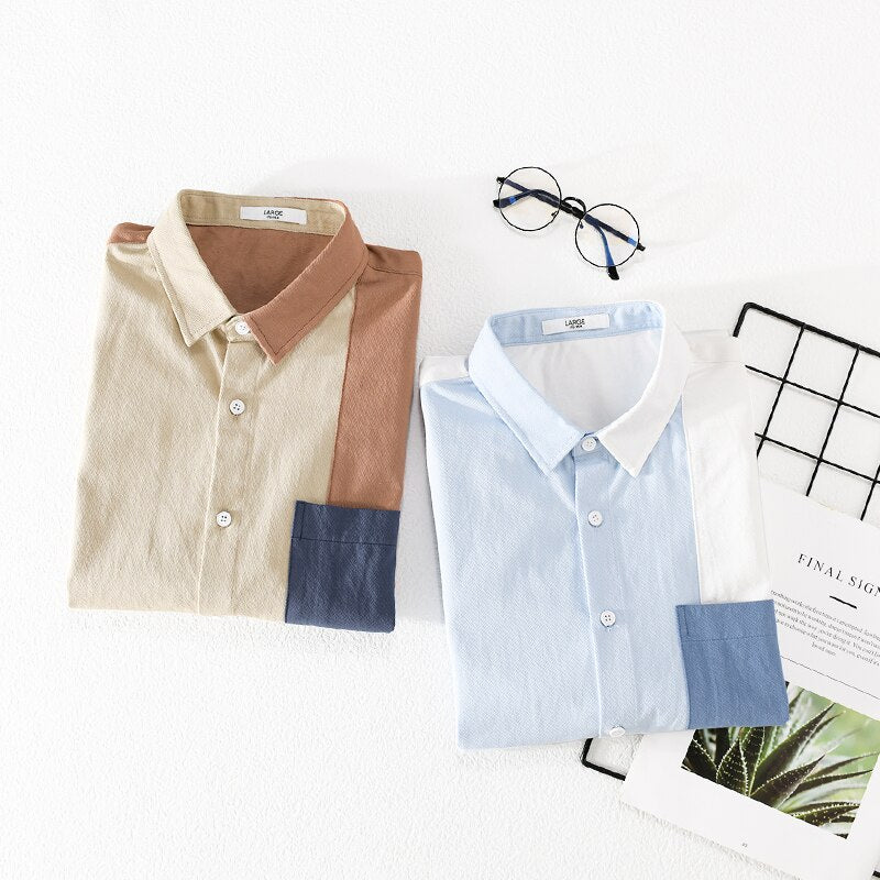 Designer short-sleeve casual patchwork cotton shirts for men with turn-down collars.