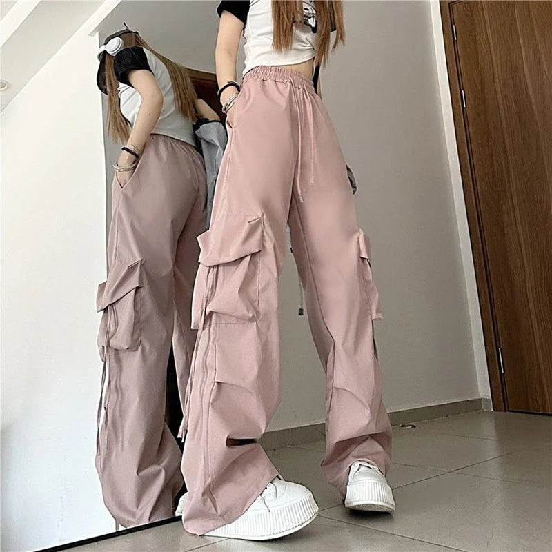 Zoki Harajuku Women Cargo Pants Streetwear Y2K Hip Hop Black Trousers Fashion High Waist Lace Up Female Loose Design Pants New