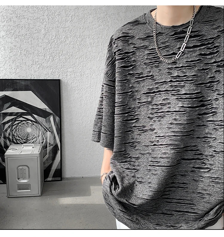 Summer Chic Fashion Holes T-Shirts For Men Clothing Short Sleeve O-Neck Loose Casual Solid Color Tee Shirt Homme Streetwear