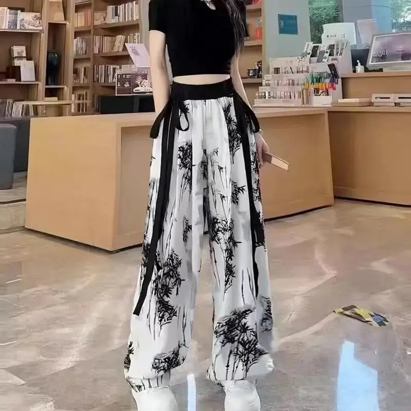 Women's Korean Design Autumn Set with Long Sleeved Top, Tank Top, Ink Wide Legged Pants, Trendy Office Style.