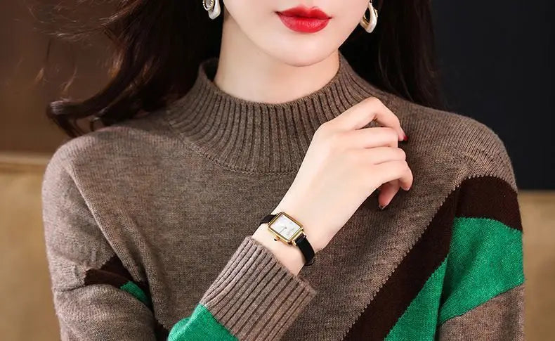 Velvet and Thickened Women's Top 2024 New Autumn/Winter Korean Edition Color Block Knitted Half High Neck Sweater