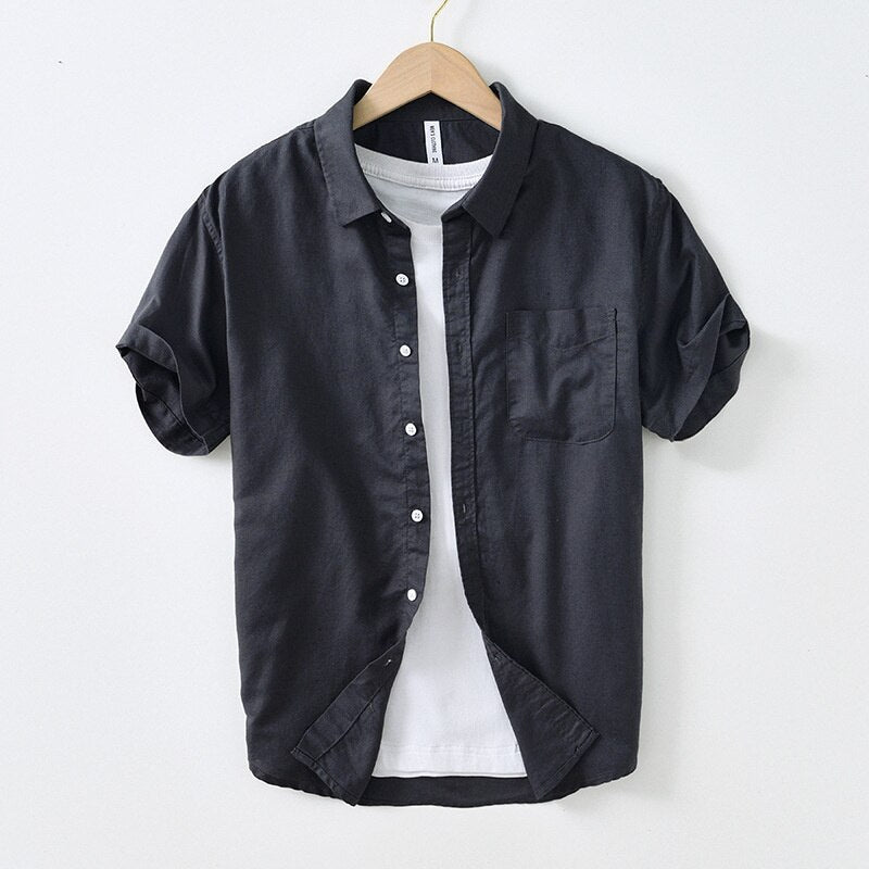 Men's solid color casual short sleeved shirt, cotton linen, breathable, turn-down collar, summer wear.