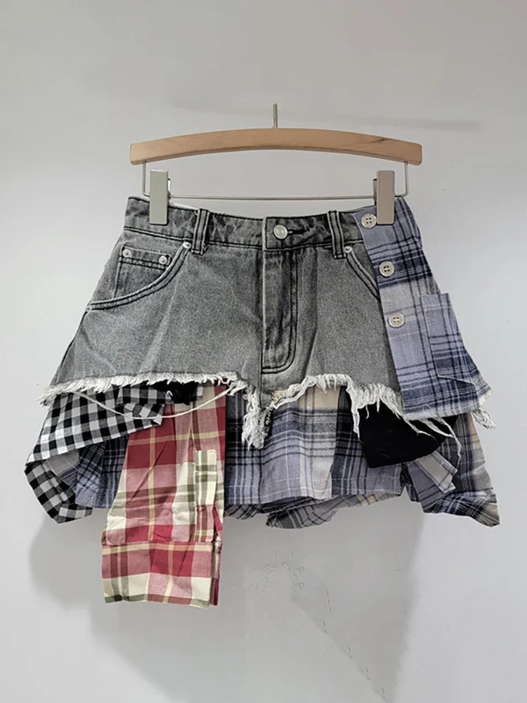 Denim skirt with colored plaid patchwork, irregular deconstructed A-line high waist mini design.