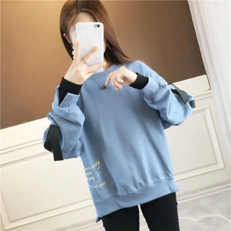 Autumn 2024 New Casual Patchwork Fake Two Pieces Sweatshirts Femme Simplicity Loose Irregular Pullover T-Shirts Women Clothing