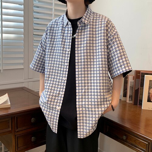 LEGIBLE men's summer casual loose short sleeve striped shirt with turn-down collar.